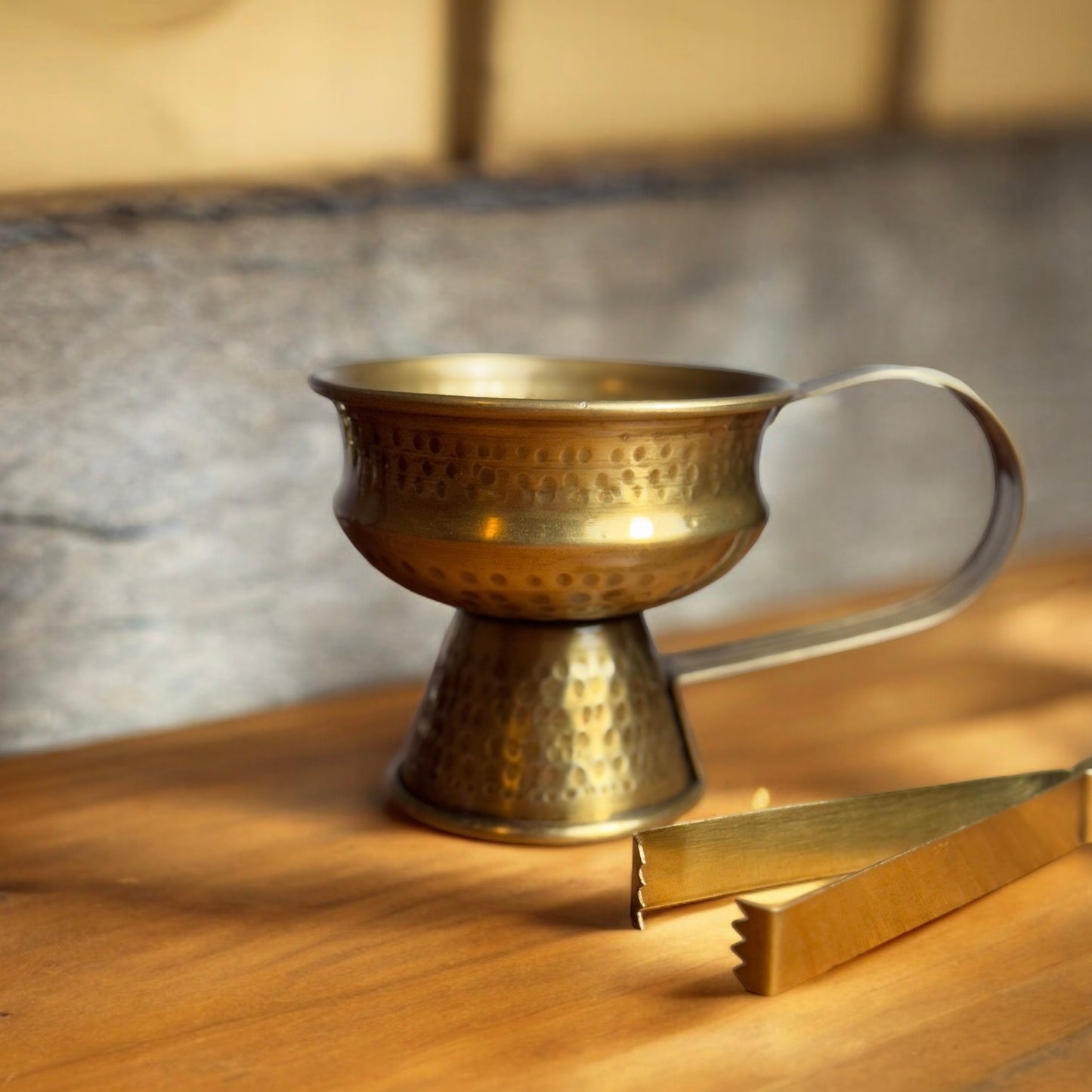 Elegant Brass Incense Burner with Handle and Tongs
